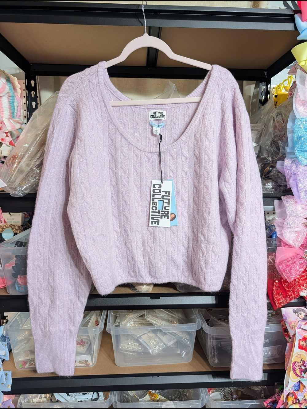Future Collective Lilac Scoop-Neck Cable Knit Sweater
